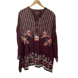 KARYN SEO Burgundy  Flowing Embroidered‎ Wearable Art Tunic Size L Boho Tunic